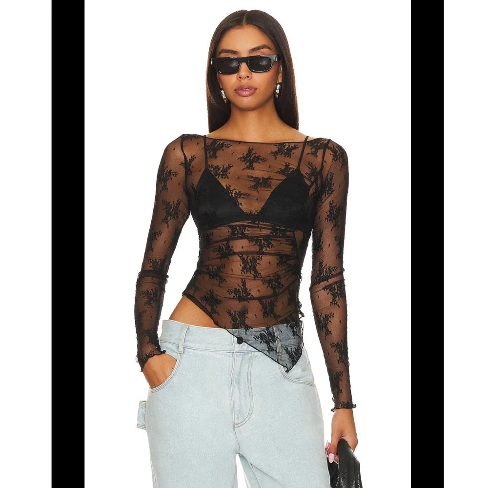 Intimately Free People Black Sheer Floral Lace Asymmetrical Ruched Top Small